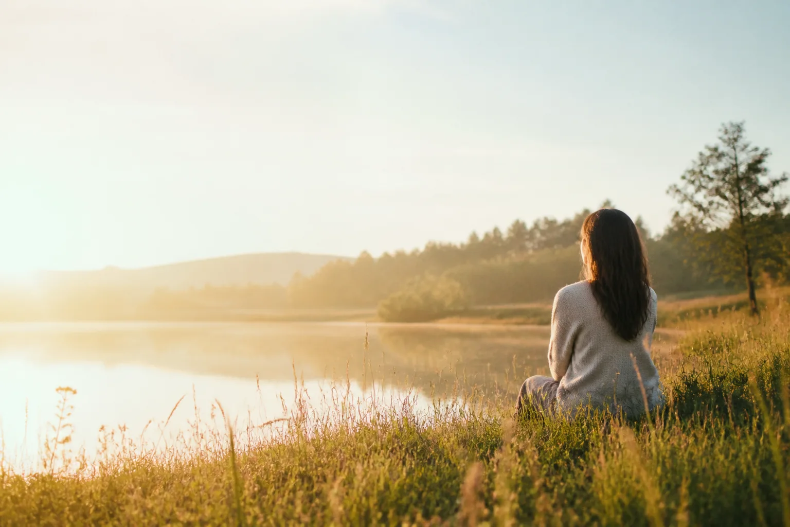A person sitting quietly beside a calm lake at sunrise