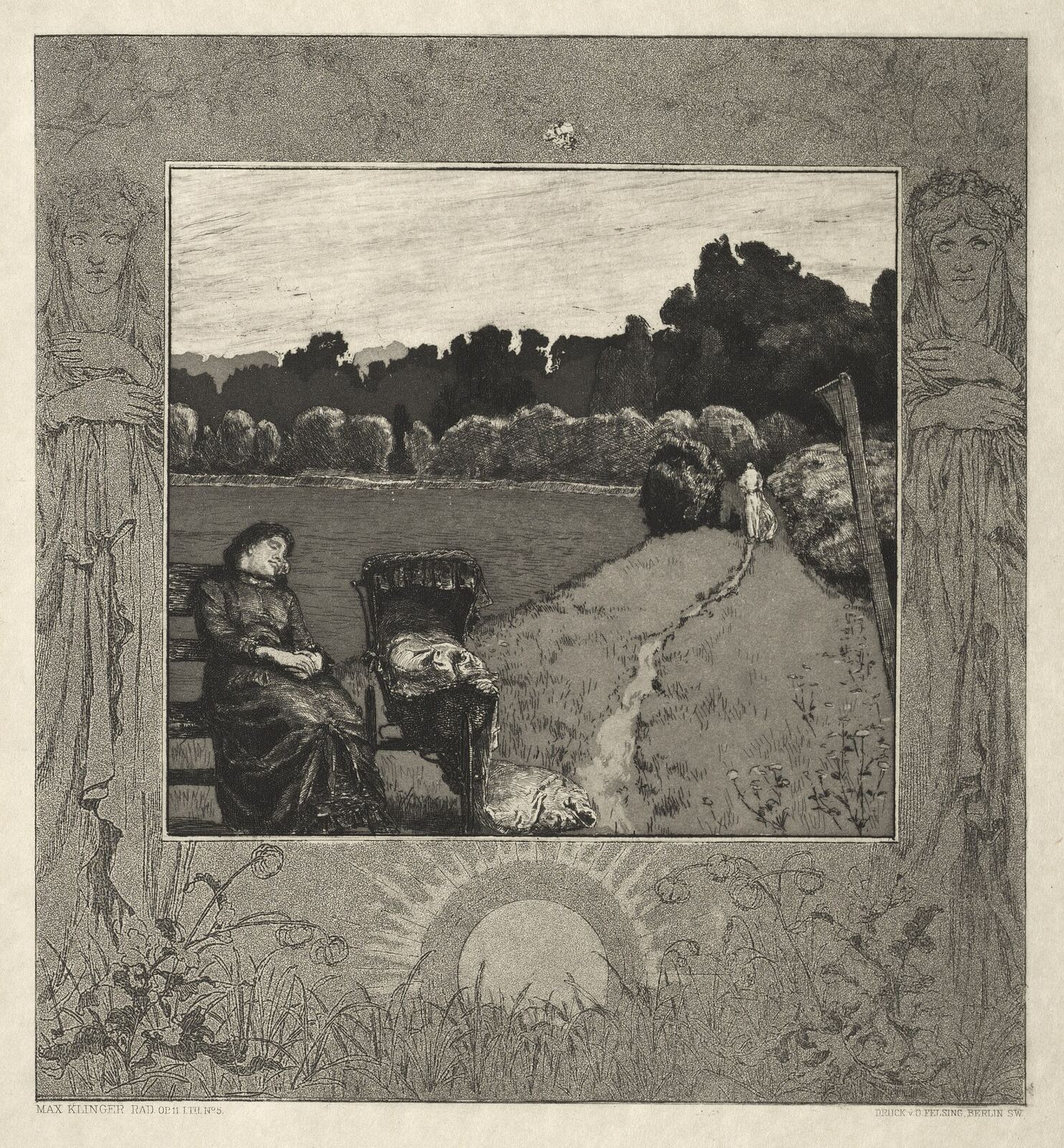 Klinger Etching | Body Feels A somber etching shows a woman with a child by a riverbank, part of Max Kreinger’s series exploring themes of death and.