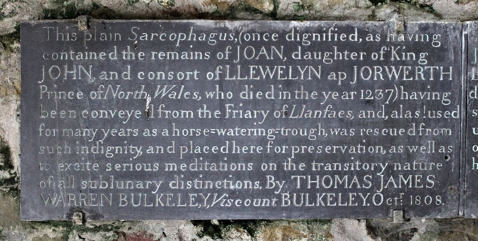 A plain sarcophagus once held the remains of Joan, daughter of King John and consort of Llewelyn ap Jorwerth.
