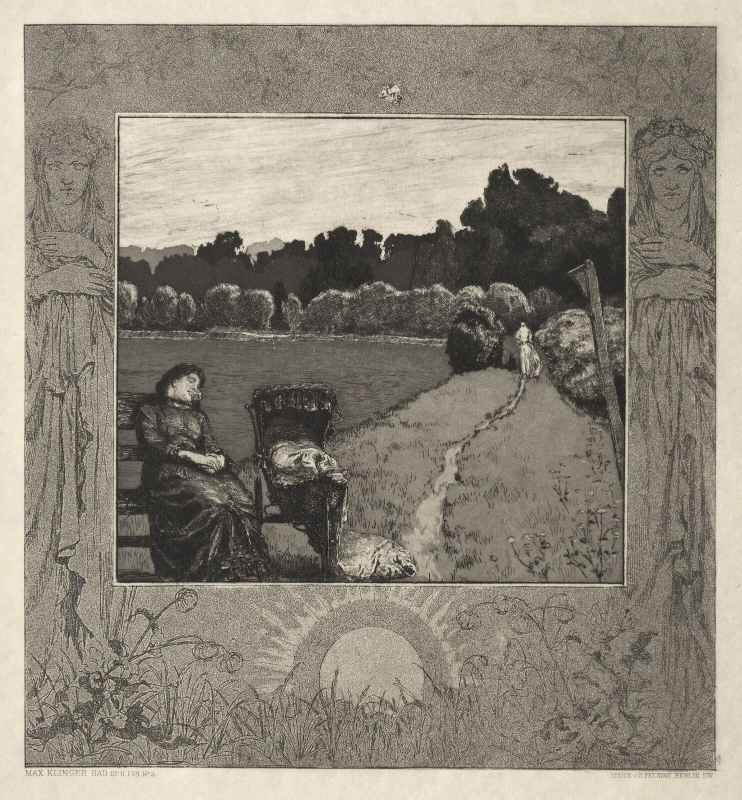 Woman in Landscape | Body Feels A woman sits on a bench overlooking a field with figures and trees, reflecting the themes of mindfulness.